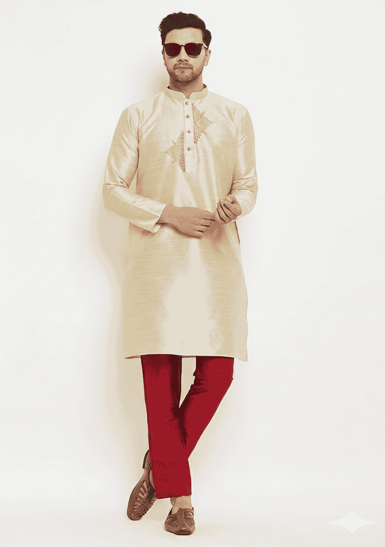 Light Golden Embroidered Silk Blend Kurta Set - Indya