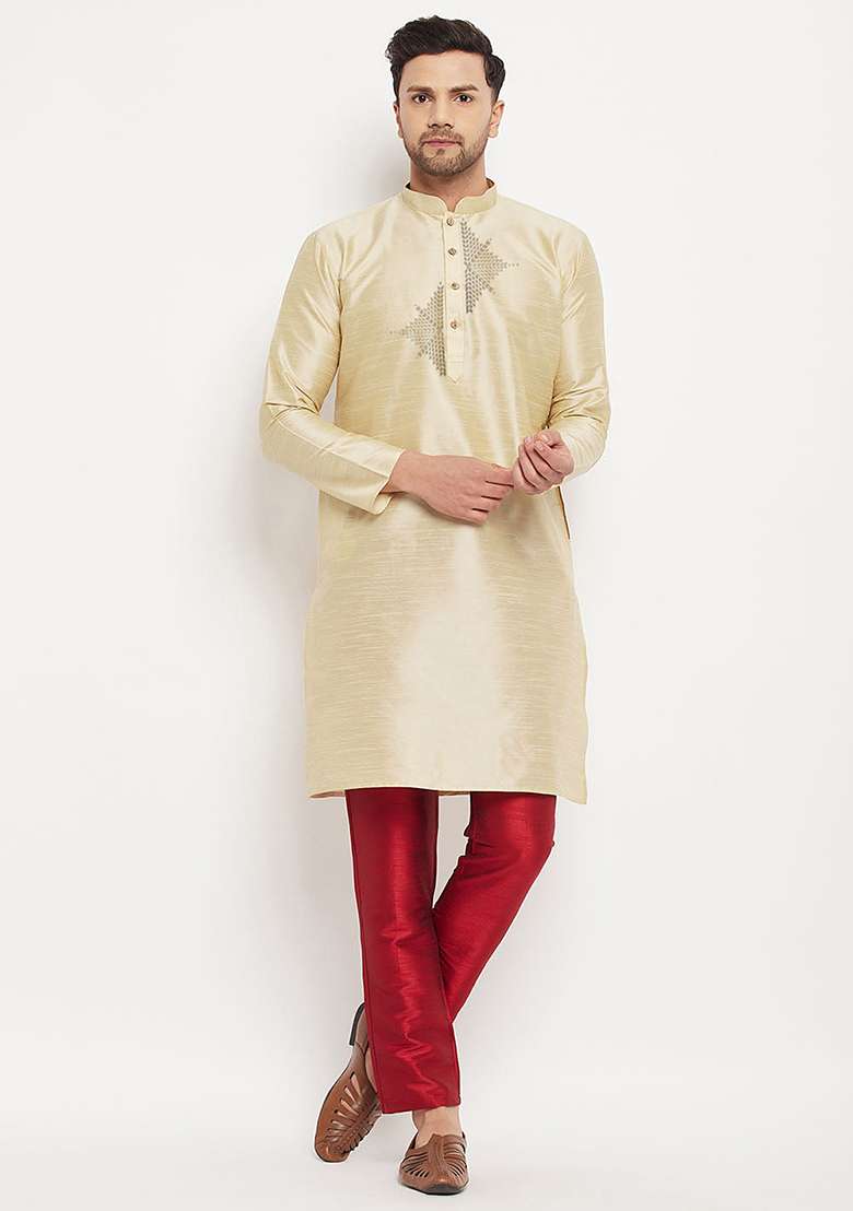 Light Golden Embroidered Silk Blend Kurta Set - Indya