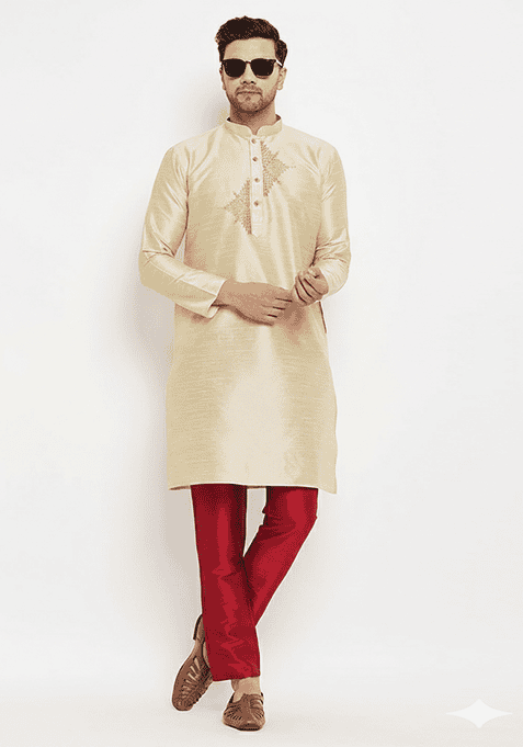 Light Golden Embroidered Silk Kurta Set