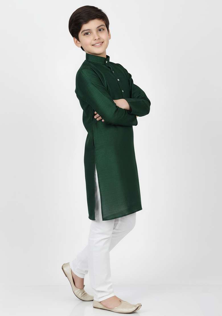 Bottle Green Embroidered Silk Blend Kurta Set - Indya