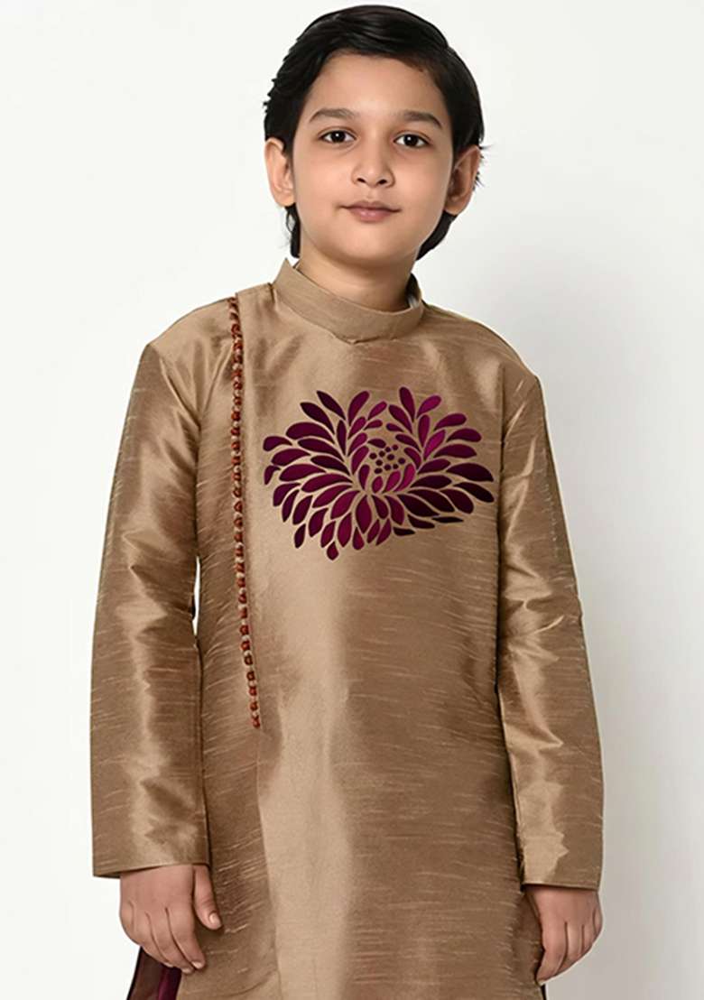 Dark Golden Embroidered Silk Blend Kurta Set - Indya