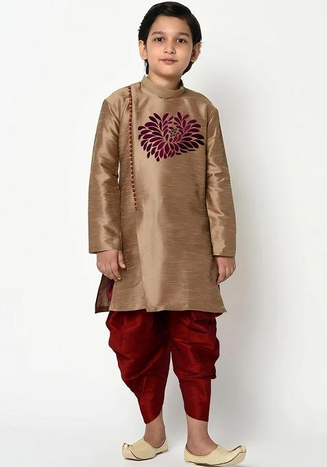 Dark Golden Embroidered Silk Kurta Set