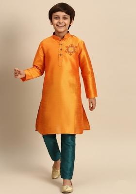 Orange Embroidered Silk Blend Kurta Set