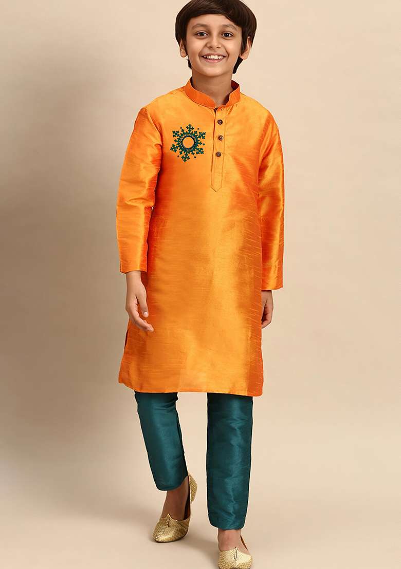 Orange Embroidered Silk Blend Kurta Set - Indya