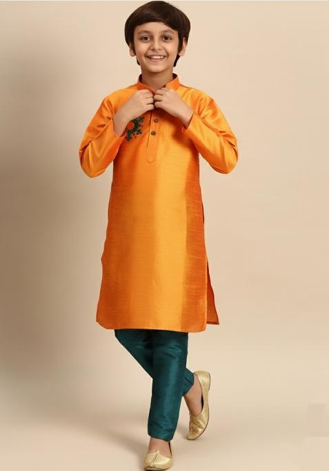 Orange Embroidered Silk Kurta Set