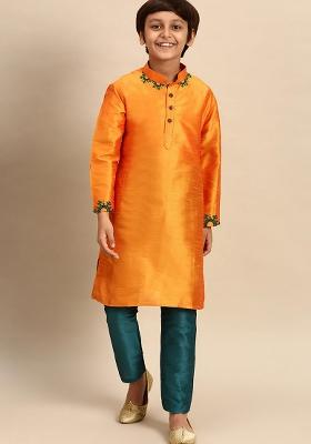 Orange Embroidered Silk Blend Kurta Set