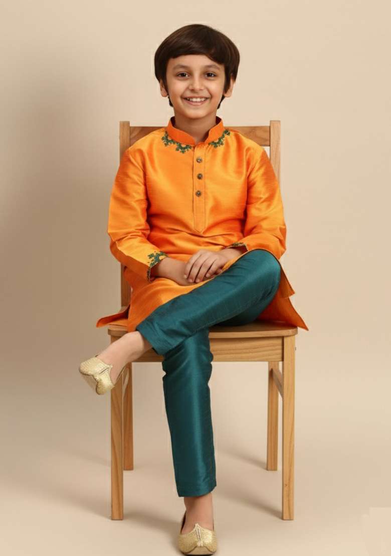 Orange Embroidered Silk Blend Kurta Set - Indya