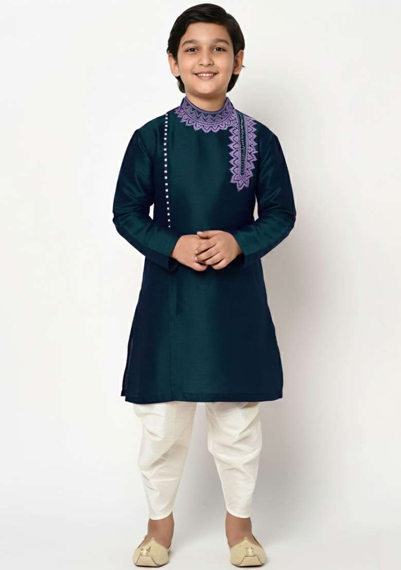 Bottle Green Embroidered Silk Blend Kurta Set - Indya