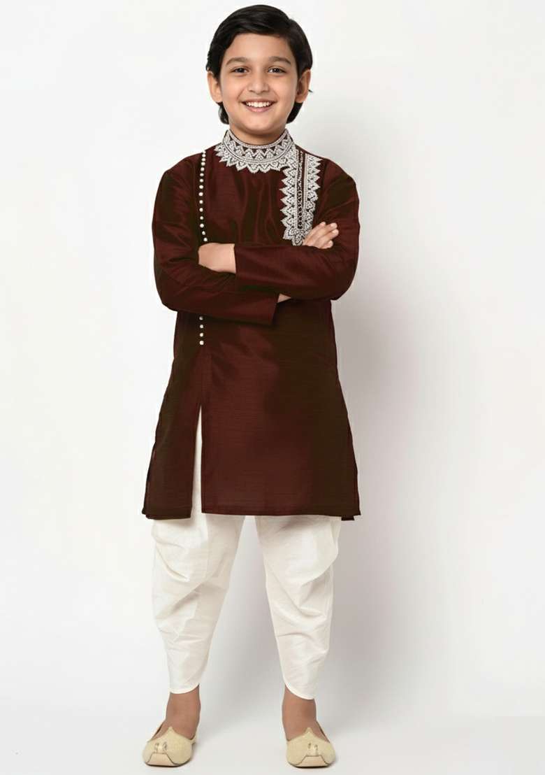 Maroon Embroidered Silk Blend Kurta Set - Indya