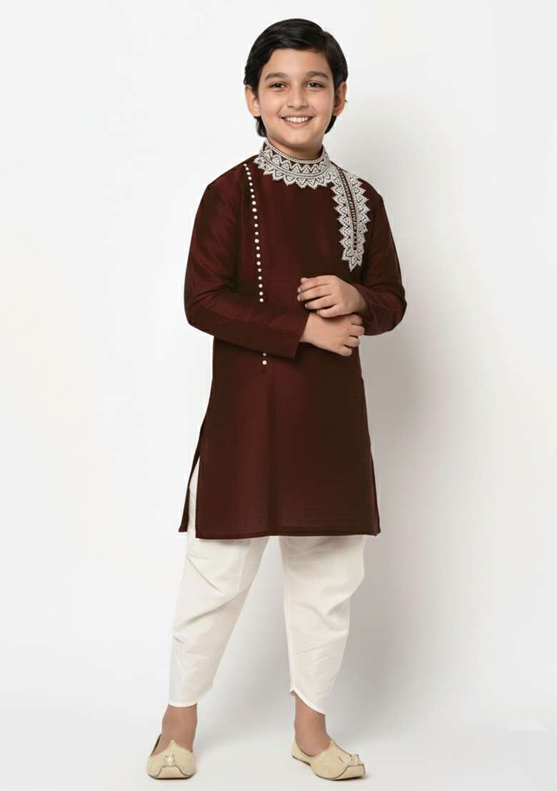 Maroon Embroidered Silk Blend Kurta Set - Indya