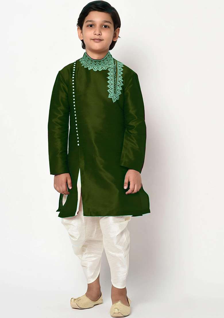 Mahendi Green Embroidered Silk Blend Kurta Set - Indya
