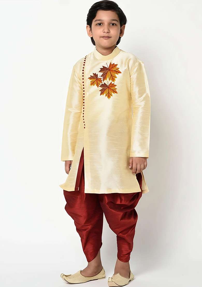 Light Golden Embroidered Silk Blend Kurta Set - Indya