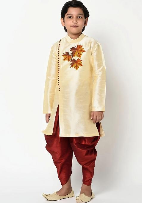 Light Golden Embroidered Silk Kurta Set