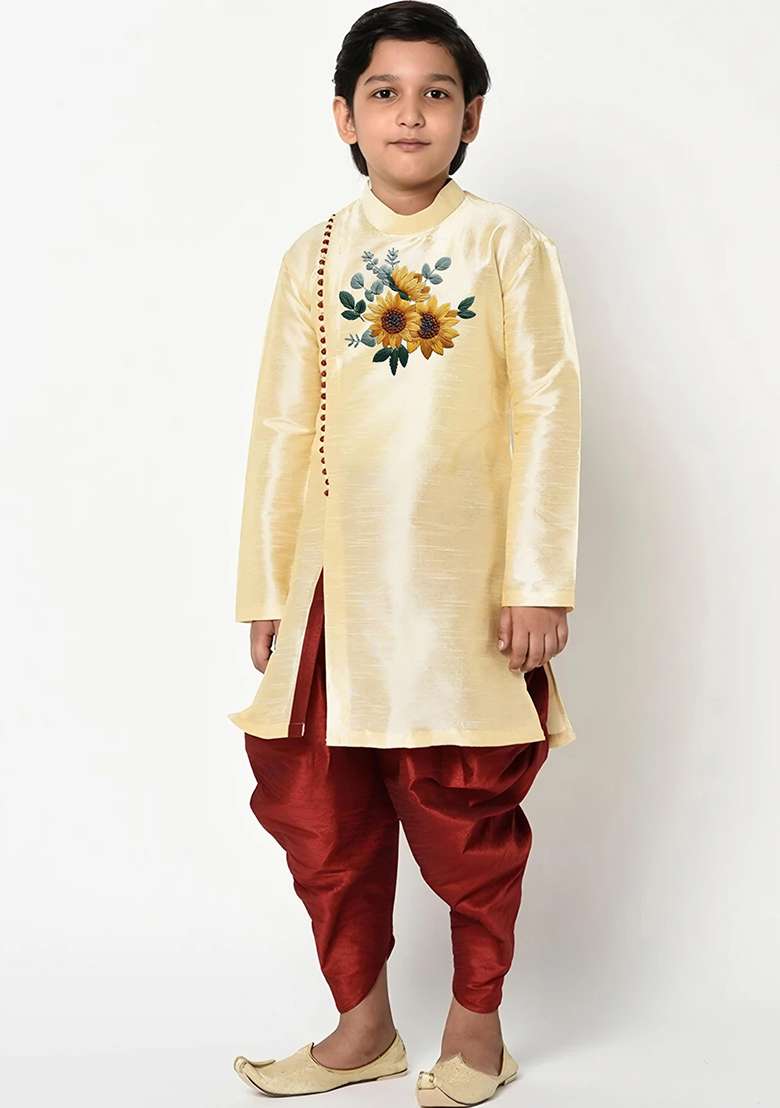 Light Golden Embroidered Silk Blend Kurta Set - Indya