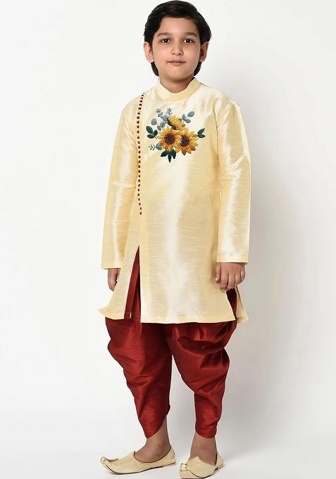 Light Golden Embroidered Silk Kurta Set