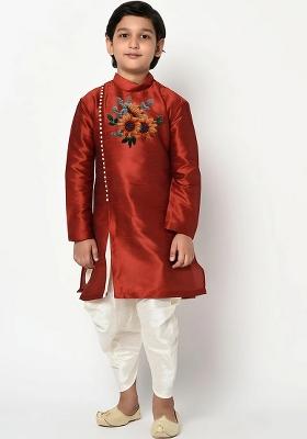 Dark Orange Embroidered Silk Blend Kurta Set