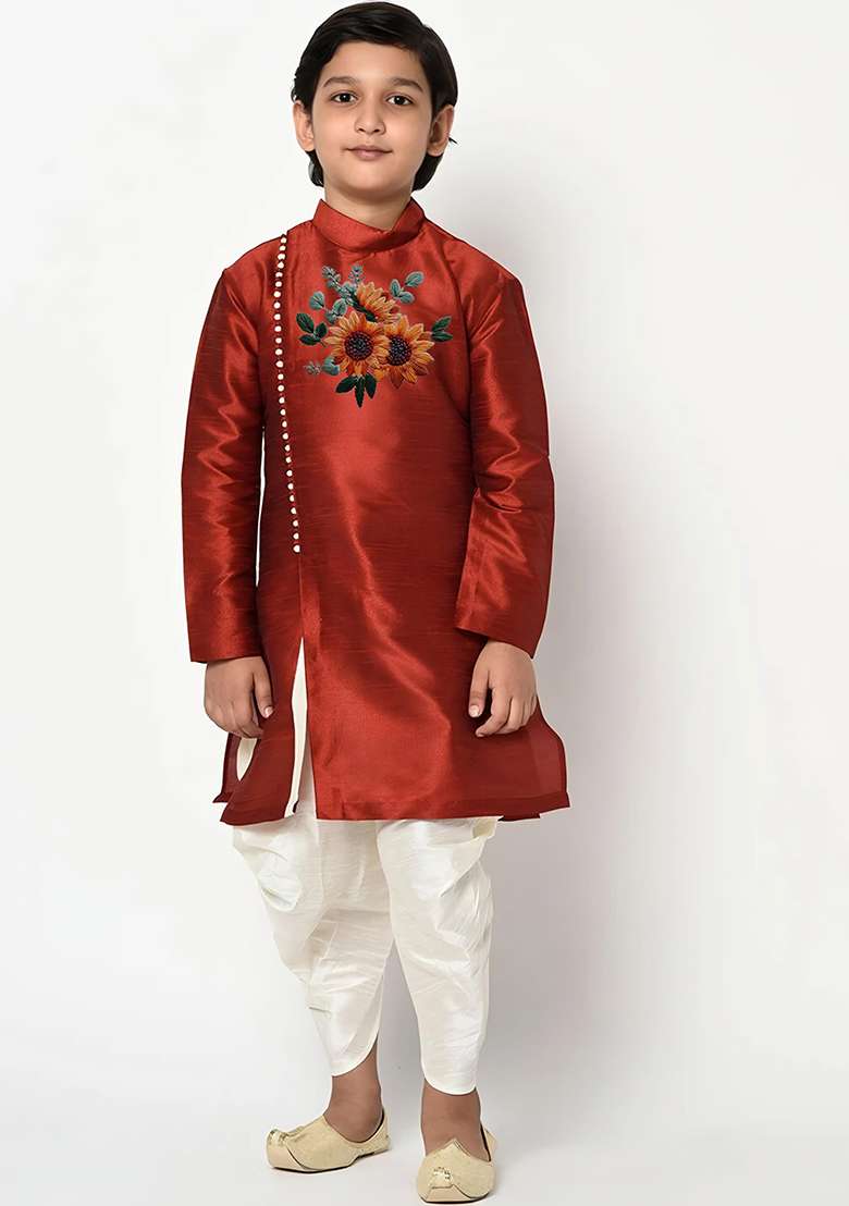 Dark Orange Embroidered Silk Blend Kurta Set - Indya