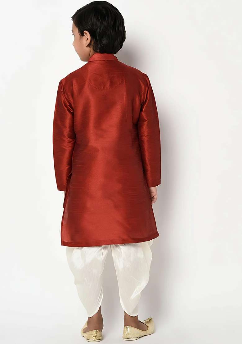 Dark Orange Embroidered Silk Blend Kurta Set - Indya