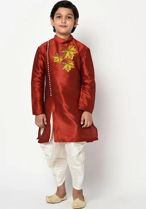Dark Orange Embroidered Silk Kurta Set