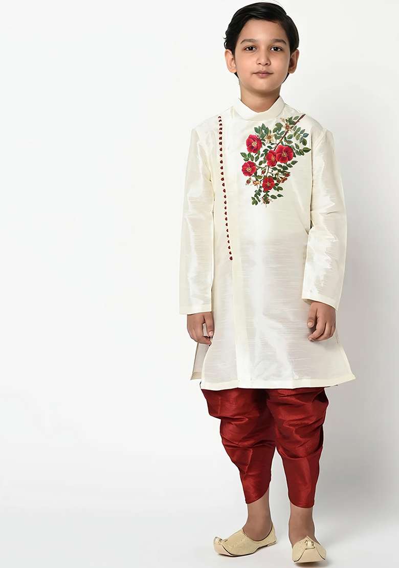 Cream Embroidered Silk Blend Kurta Set - Indya