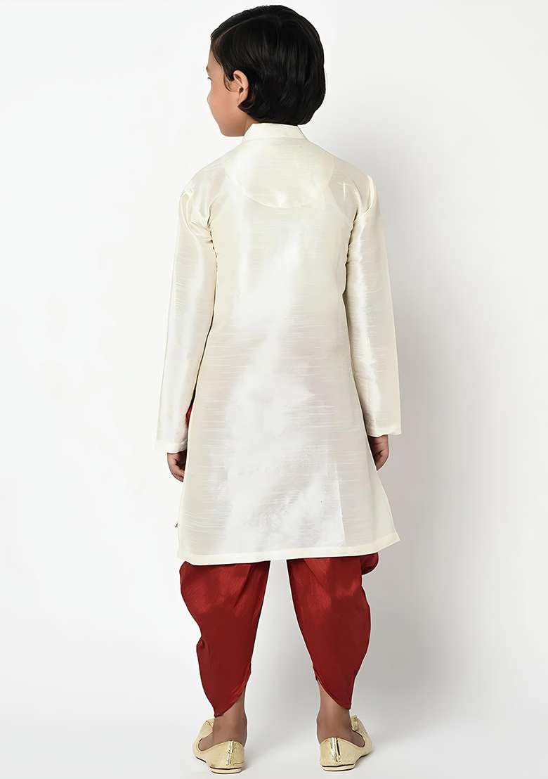 Cream Embroidered Silk Blend Kurta Set - Indya