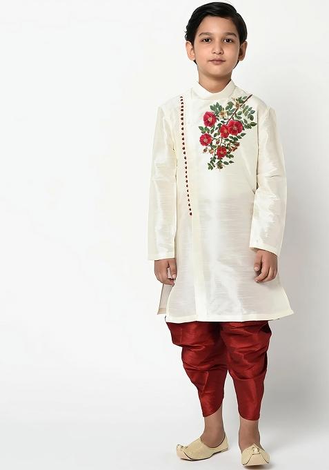 Cream Embroidered Silk Kurta Set