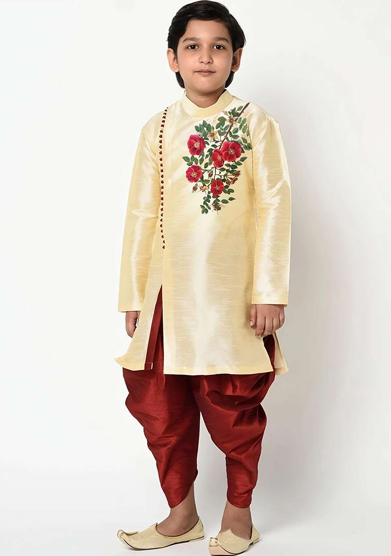 Light Golden Embroidered Silk Blend Kurta Set - Indya
