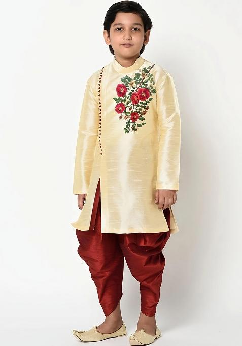 Light Golden Embroidered Silk Kurta Set