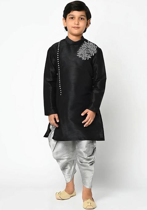 Black Embroidered Silk Kurta Set