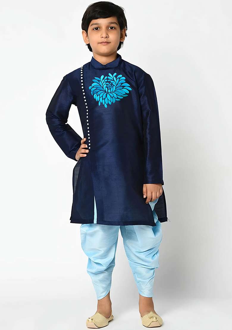 Navy Embroidered Silk Blend Kurta Set - Indya