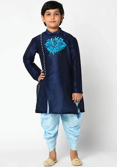Navy Embroidered Silk Kurta Set