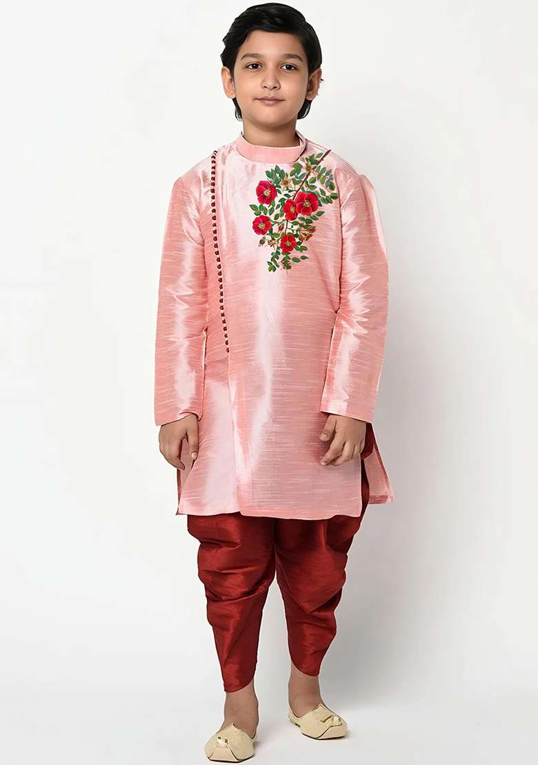 Peach Embroidered Silk Blend Kurta Set - Indya
