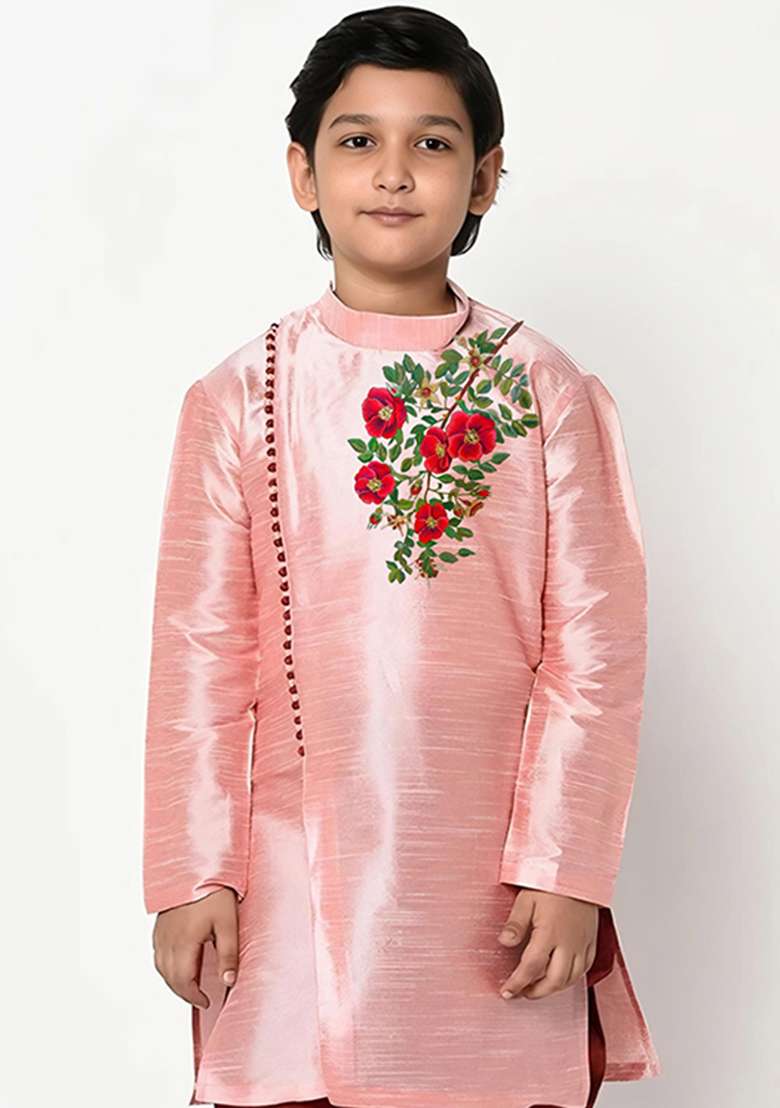 Peach Embroidered Silk Blend Kurta Set - Indya