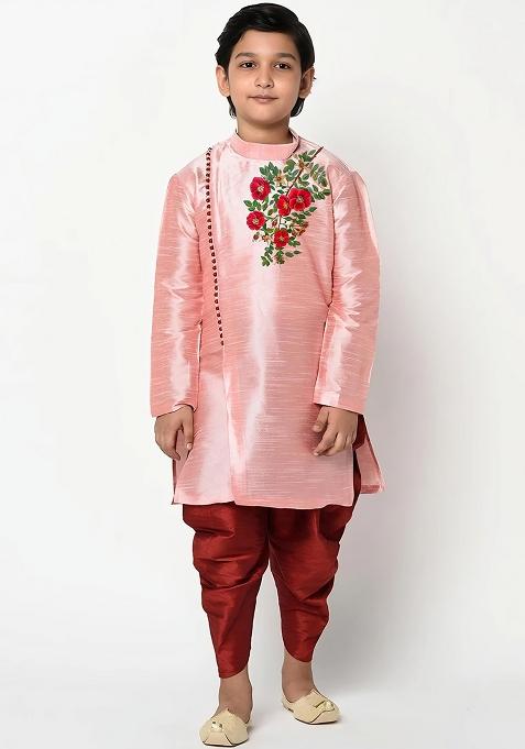 Peach Embroidered Silk Kurta Set