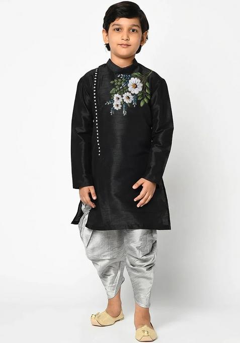 Black Embroidered Silk Kurta Set