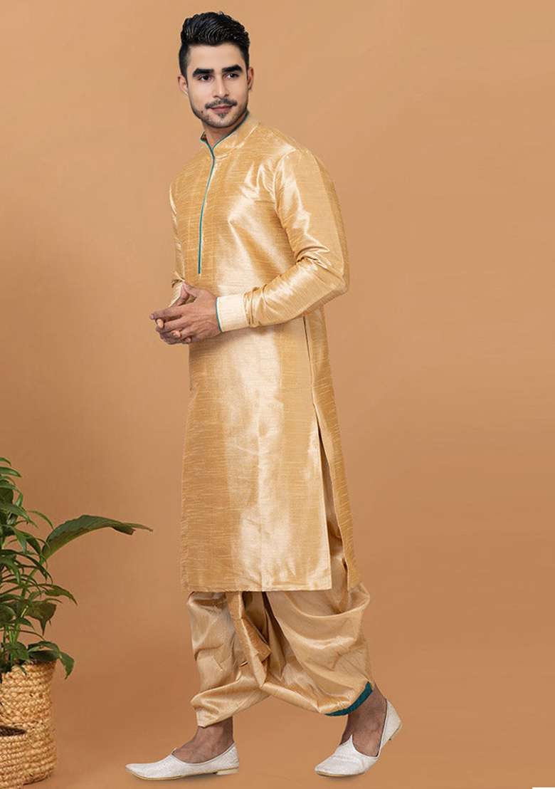 Light Golden Embroidered Silk Blend Kurta Set - Indya