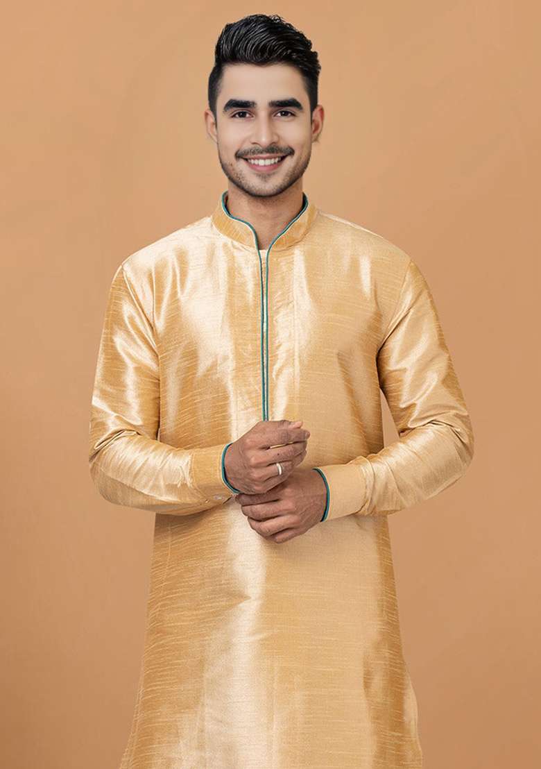 Light Golden Embroidered Silk Blend Kurta Set - Indya