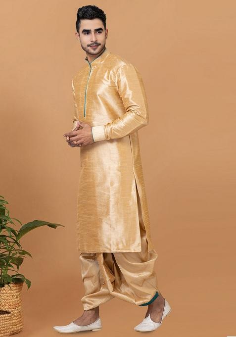 Light Golden Embroidered Silk Kurta Set