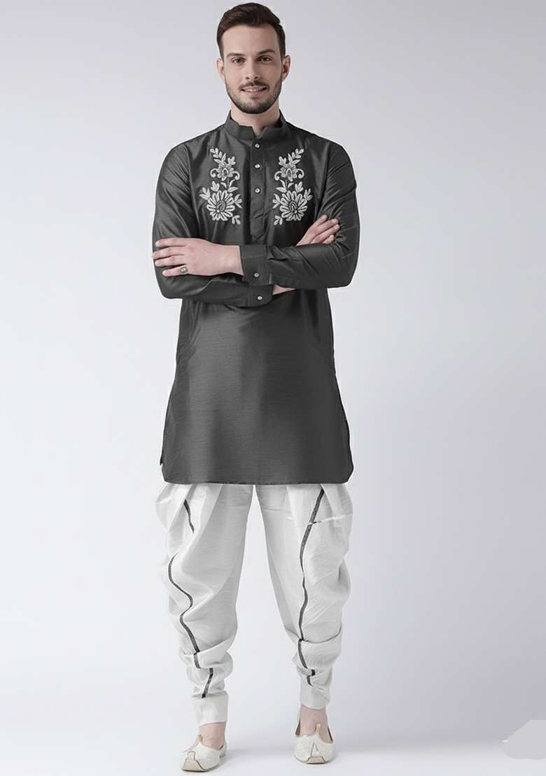 Grey Embroidered Silk Blend Kurta Set - Indya
