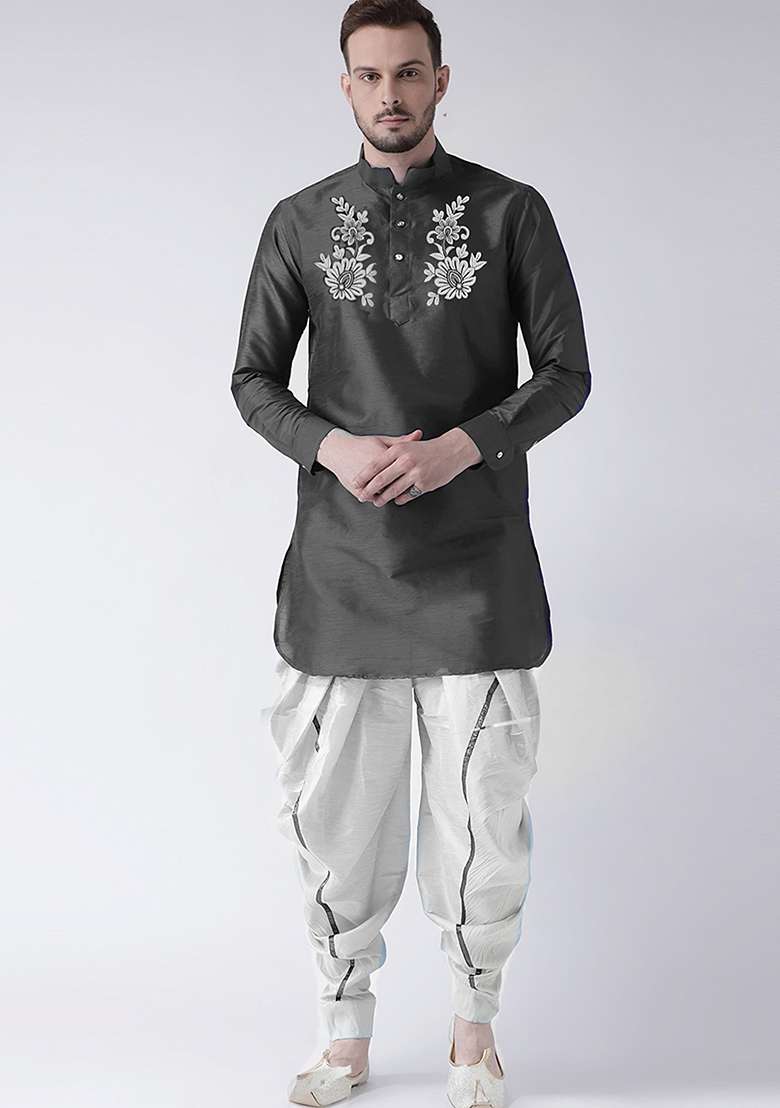 Grey Embroidered Silk Blend Kurta Set - Indya