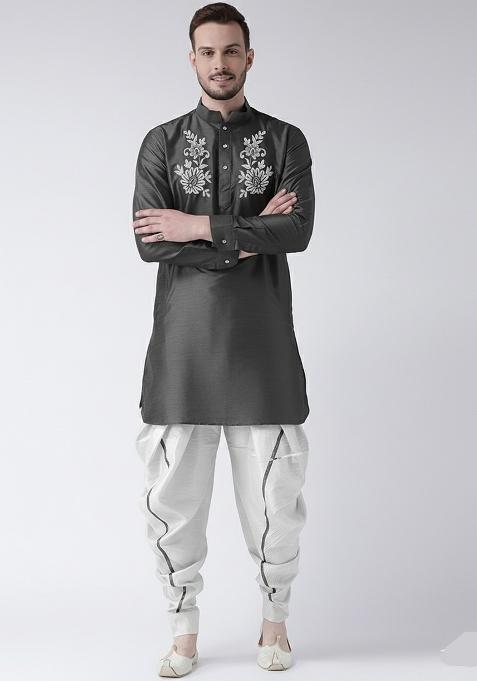 Grey Embroidered Silk Kurta Set