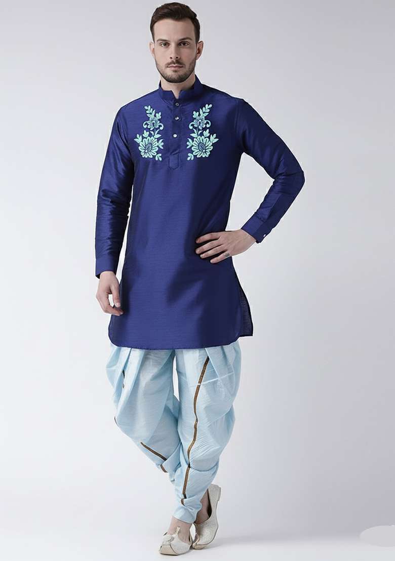 Royal Blue Embroidered Silk Blend Kurta Set - Indya