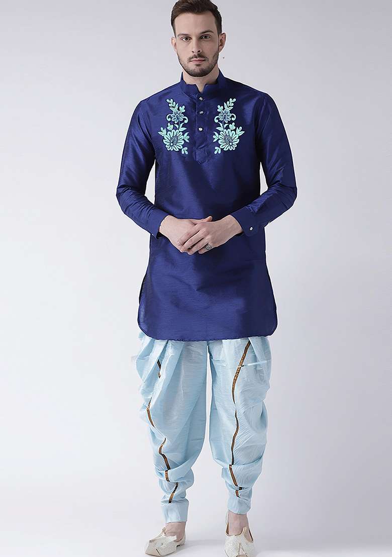 Royal Blue Embroidered Silk Blend Kurta Set - Indya