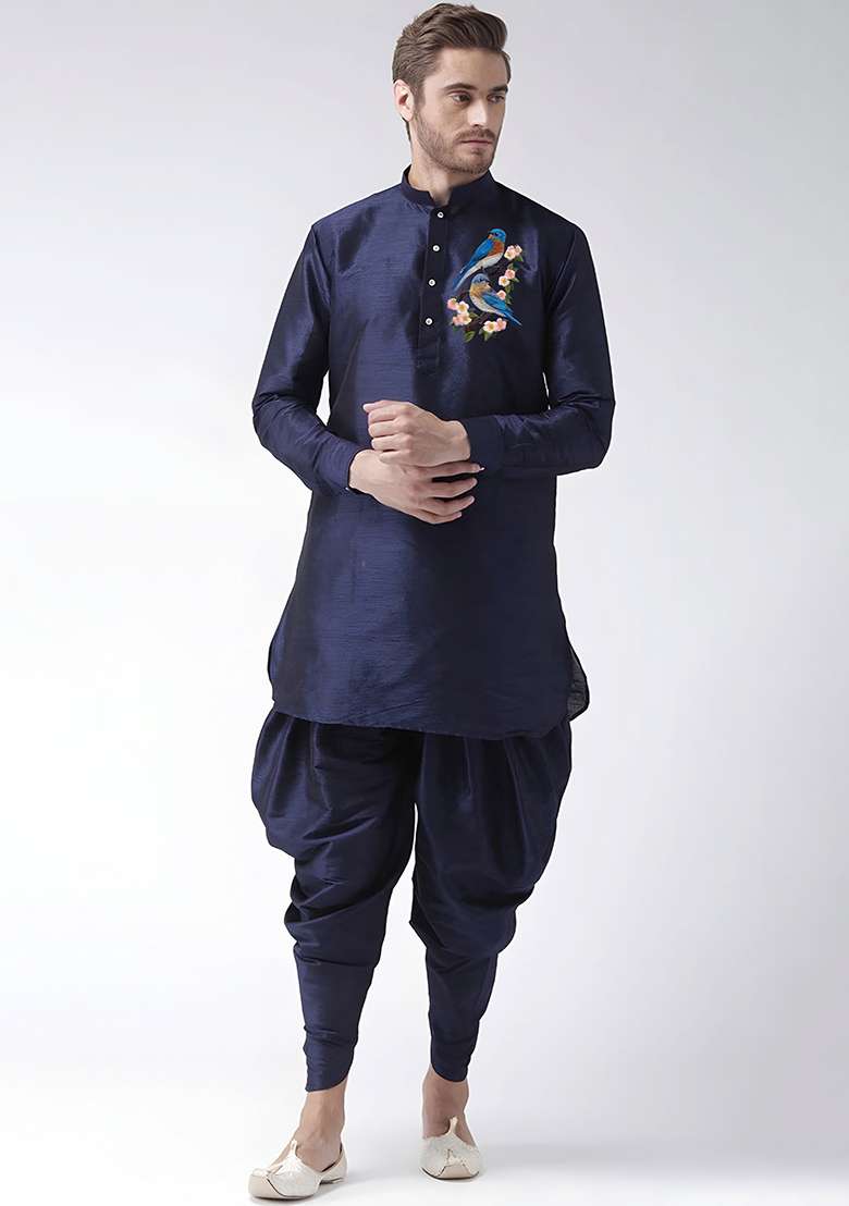 Navy Embroidered Silk Blend Kurta Set - Indya