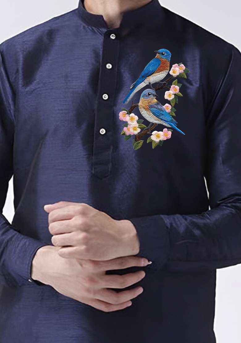 Navy Embroidered Silk Blend Kurta Set - Indya