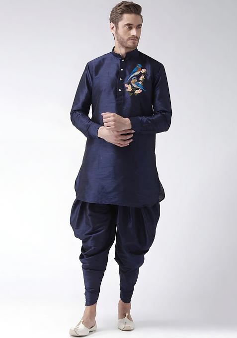 Navy Embroidered Silk Kurta Set
