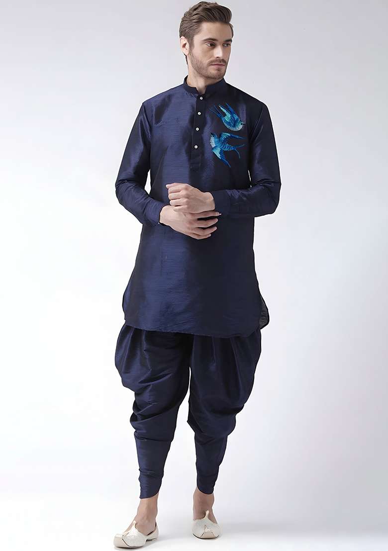 Navy Embroidered Silk Blend Kurta Set - Indya