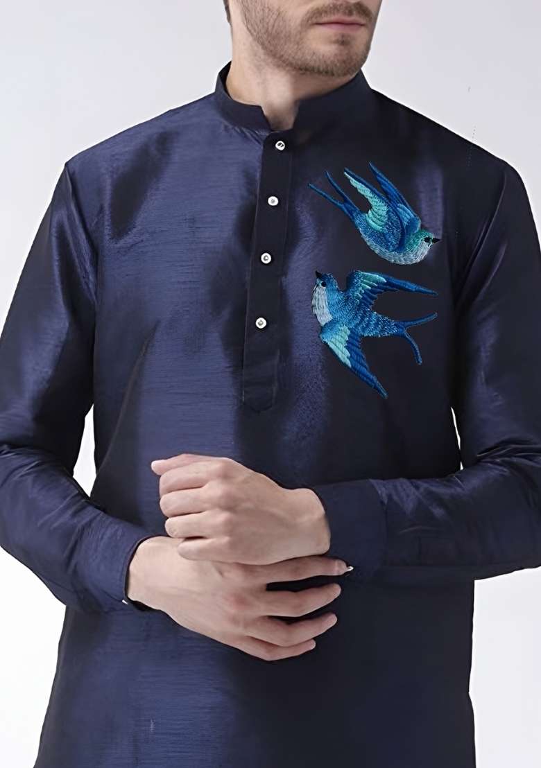 Navy Embroidered Silk Blend Kurta Set - Indya