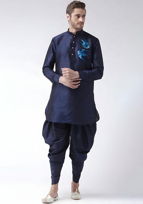 Navy Embroidered Silk Kurta Set
