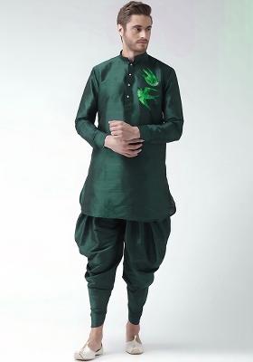 Bottle Green Embroidered Silk Kurta Set